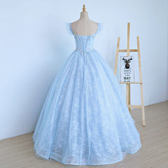 Lovely Light Blue Lace Cap Sleeve Sweet 16 Prom Dress, Evening Dress