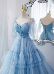 Lovely Light Blue Tulle with Straps Layers Long Formal Dresses, Blue Evening Gown Party Dresses