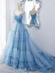 Lovely Light Blue Tulle with Straps Layers Long Formal Dresses, Blue Evening Gown Party Dresses