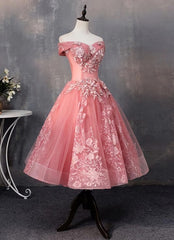 Lovely Pink Off Shoulder Party Dress, Lace Applique Prom Dress