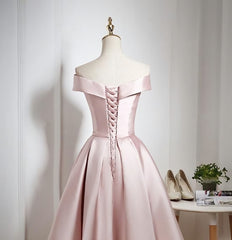 Lovely Pink Satin Off Shoulder Knee Length Formal Dress, Homecoming Dress