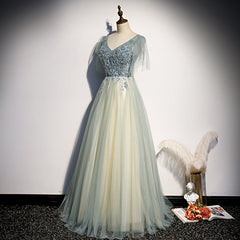 Lovely Tulle with Beaded V-neckline Long Party Dress, A-line Prom Dress Evening Dress