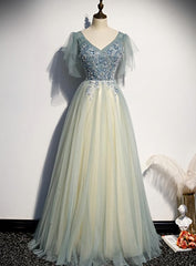 Lovely Tulle with Beaded V-neckline Long Party Dress, A-line Prom Dress Evening Dress