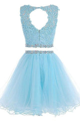 Lovely Two Piece Tulle with Lace Applique, Short Prom Dress
