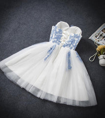 Lovely White Tulle Party Dress with Blue Applique, Homecoming Dress