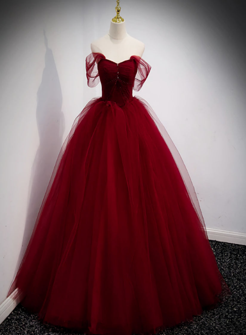 Lovely Wine Red Princess Tulle Beaded Long Party Dress, Dark Red Formal Gown