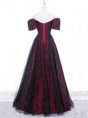 Black Tulle A-Line Prom Dress with Rose Print, Black Off Shoulder Evening Party Dress