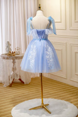 Blue Lace Knee Length Prom Dress, Lovely A-Line Homecoming Dress