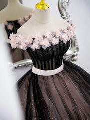 Black Tulle and Pink Flowers Party Dress, Black  Off Shoulder Sweet 16 Dress