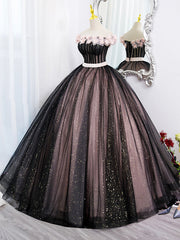Black Tulle and Pink Flowers Party Dress, Black  Off Shoulder Sweet 16 Dress
