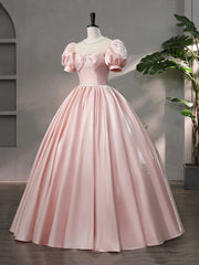 Beautiful Pink Scoop Neck Satin Floor Length Prom Dress, A-Line Short Sleeve Evening Dress with Bow