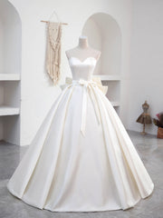 Beautiful Sweetheart Neck Satin Long Prom Dress with Detachable Lace Top, White Formal Wedding  Dress