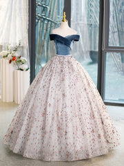 Blue Velvet and Tulle Long Prom Dress, Off Shoulder Evening Dress Party Dress