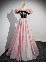 A-Line Shiny Tulle Long Pink Corset Prom Dress, Off the Shoulder Pink Evening Dress
