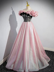 A-Line Shiny Tulle Long Pink Corset Prom Dress, Off the Shoulder Pink Evening Dress