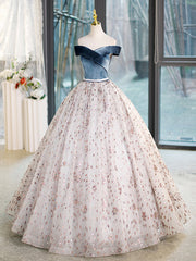 Blue Velvet and Tulle Long Prom Dress, Off Shoulder Evening Dress Party Dress