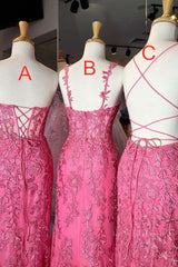 Mermaid Hot Pink Lace Long Prom Dress, Long Hot Pink Formal Graduation Evening Dress