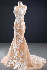 Mermaid Open Back Champagne Lace Long Prom Dresses, Champagne Lace Formal Dresses, Champagne Evening Dresses