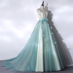 Mint Green Long Tulle with Lace Sweet 16 Dress, Long Party Dresses