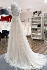 Modest Long A-line Halter Tulle Lace Backless Wedding Dresses