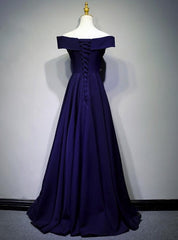 Navy Blue A-line Spandex Long Prom Dress, Off Shoulder Bridesmaid Dress