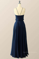 Navy Blue Blouson Bodice Chiffon Long Dress