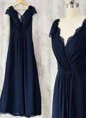 Navy Blue Chiffon with Lace A-line Long Bridesmaid Dress, Wedding Party Dress