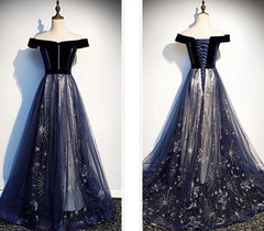 Navy Blue Floral Off Shoulder Velvet and Tulle Prom Dress, Blue Party Dress Formal Dress