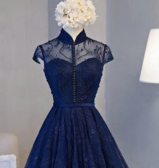 Navy Blue Knee Length Lace Party Dress, Homecoming Dress