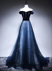 Navy Blue Off Shoulder Long Party Dress, Long Prom Dress