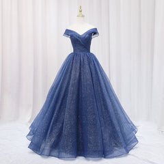 Navy Blue Off Shoulder Shiny Tulle Floor Length Prom Dress, Blue Prom Dress