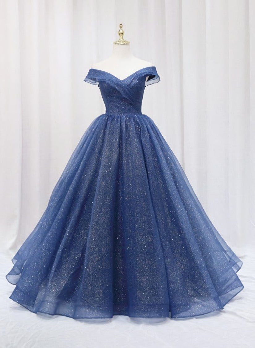 Navy Blue Off Shoulder Shiny Tulle Floor Length Prom Dress, Blue Prom Dress