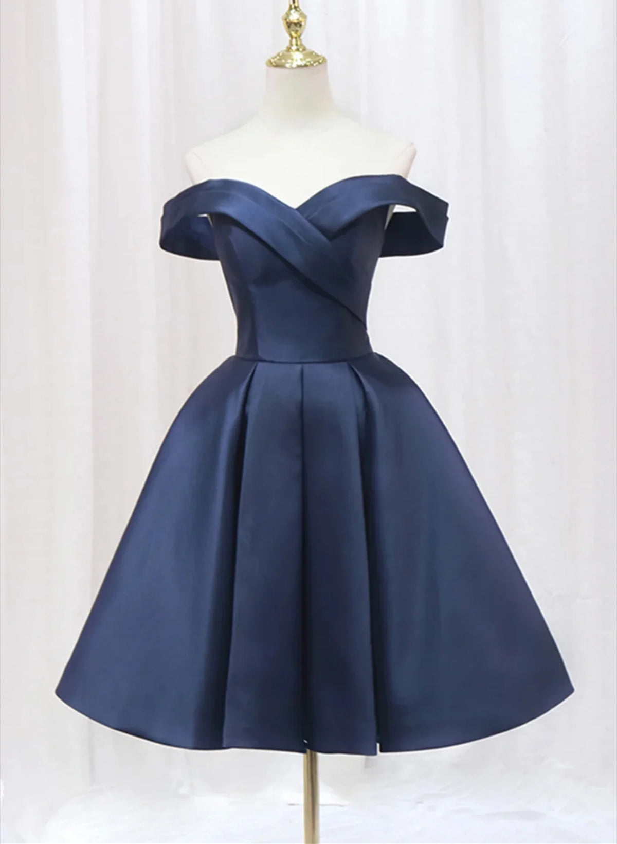 Navy Blue Satin Off Shoulder Knee Length Party Dress, Navy Blue Homecoming Dress