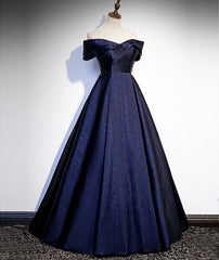 Navy Blue Satin Off Shoulder Long Prom Dress, Blue A-line Formal Dress, Evening Dress