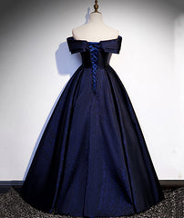 Navy Blue Satin Off Shoulder Long Prom Dress, Blue A-line Formal Dress, Evening Dress