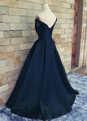 Navy Blue Satin Sweetheart A-line Handmade Formal Dress, Blue Long Prom Dress