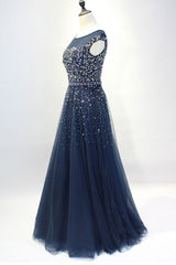 Navy Blue Shiny Sequins Round Neckline Tulle Party Dress, A-line Tulle Blue Evening Dress Prom Dress