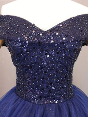 Navy Blue Tulle Beaded Ball Gown Sweet 16 Dress, Blue Tulle Prom Dress Party Dress