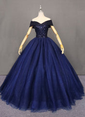 Navy Blue Tulle Beaded Ball Gown Sweet 16 Dress, Blue Tulle Prom Dress Party Dress