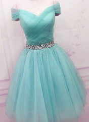 Off Shoulder Blue Tulle Prom Dresses, Cute Blue Homecoming Dresses