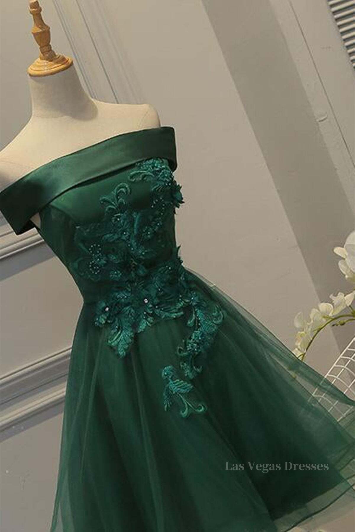 Off Shoulder Green Lace Floral Prom Dress, Short Green Lace Homecoming Dress, Green Formal Evening Dress