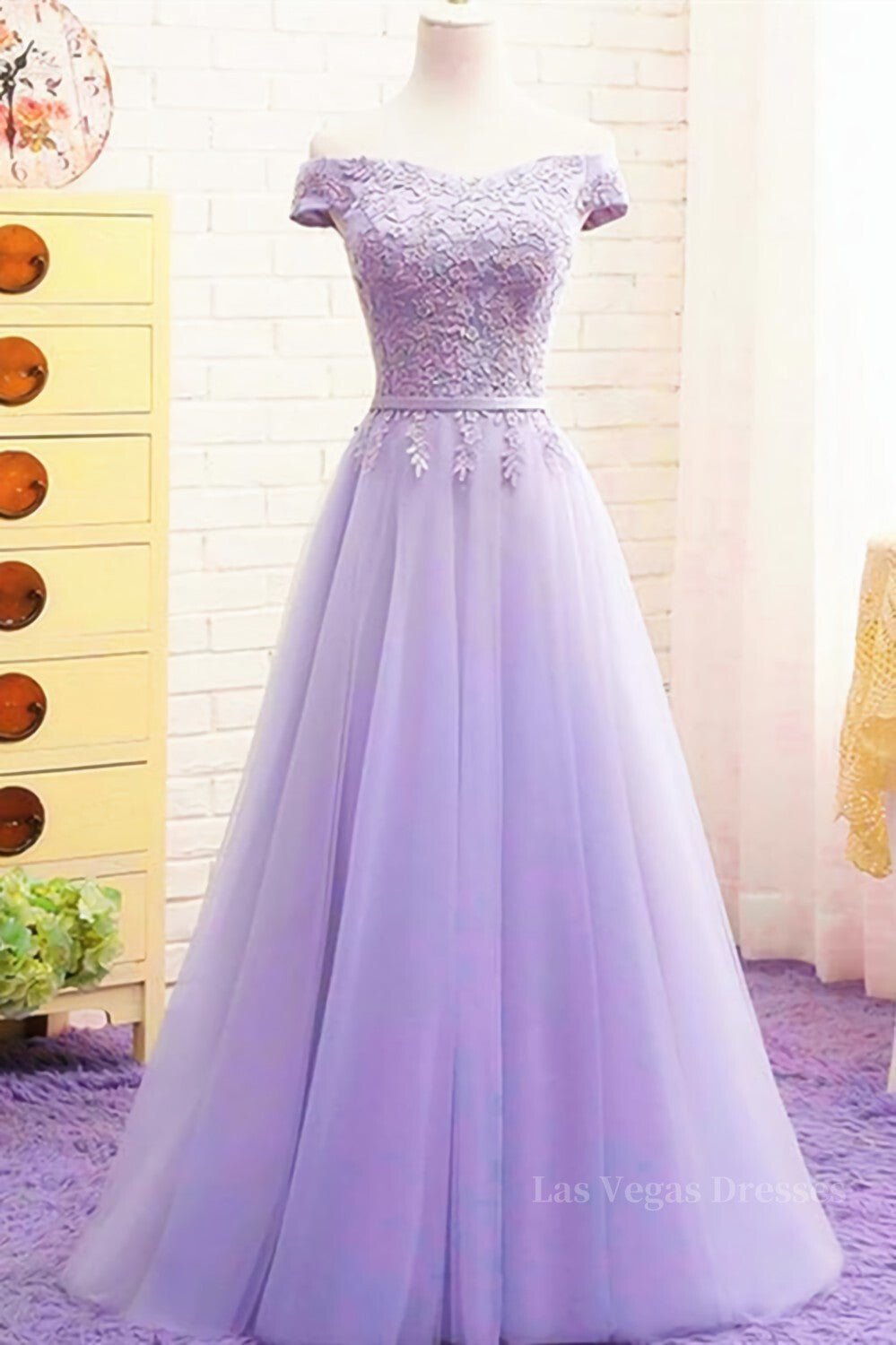 Off Shoulder Light Purple Lace Long Prom Dress, Off the Shoulder Lilac Lace Formal Dress, Purple Evening Dress