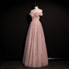 Off Shoulder Pink Tulle Long A-line Prom Dress with Beadings, Pink Long Party Dress Evening Dress