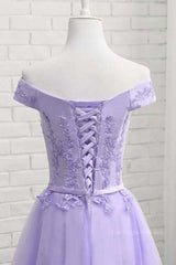 Off Shoulder Purple Lace Short Prom Dress, Lilac Lace Homecoming Dress, Short Purple Formal Evening Dress