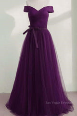 Off Shoulder Purple Tulle Long Prom Dresses, Off the Shoulder Purple Formal Dresses, Purple Evening Dresses