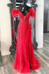 Off Shoulder V Neck Mermaid Red Lace Long Prom Dress with High Slit, Mermaid Red Formal Dress, Red Lace Evening Dress