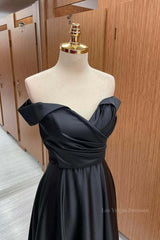Off the Shoulder Black Satin Long Prom Dresses, Black Off Shoulder Formal Evening Dresses