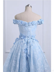 Off the Shoulder Blue Prom Dresses Lace Applique,  High Low Prom Dress
