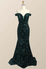 Off the Shoulder Dark Green Sequin Mermaid Prom Dress