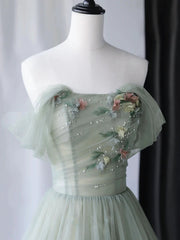 Off the Shoulder Green Floral Long Prom Dresses, Green Floral Long Formal Evening Dresses